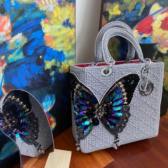 Grey Crocheted Sequin & Beaded Butterfly Purse - Picture 5 of 14
